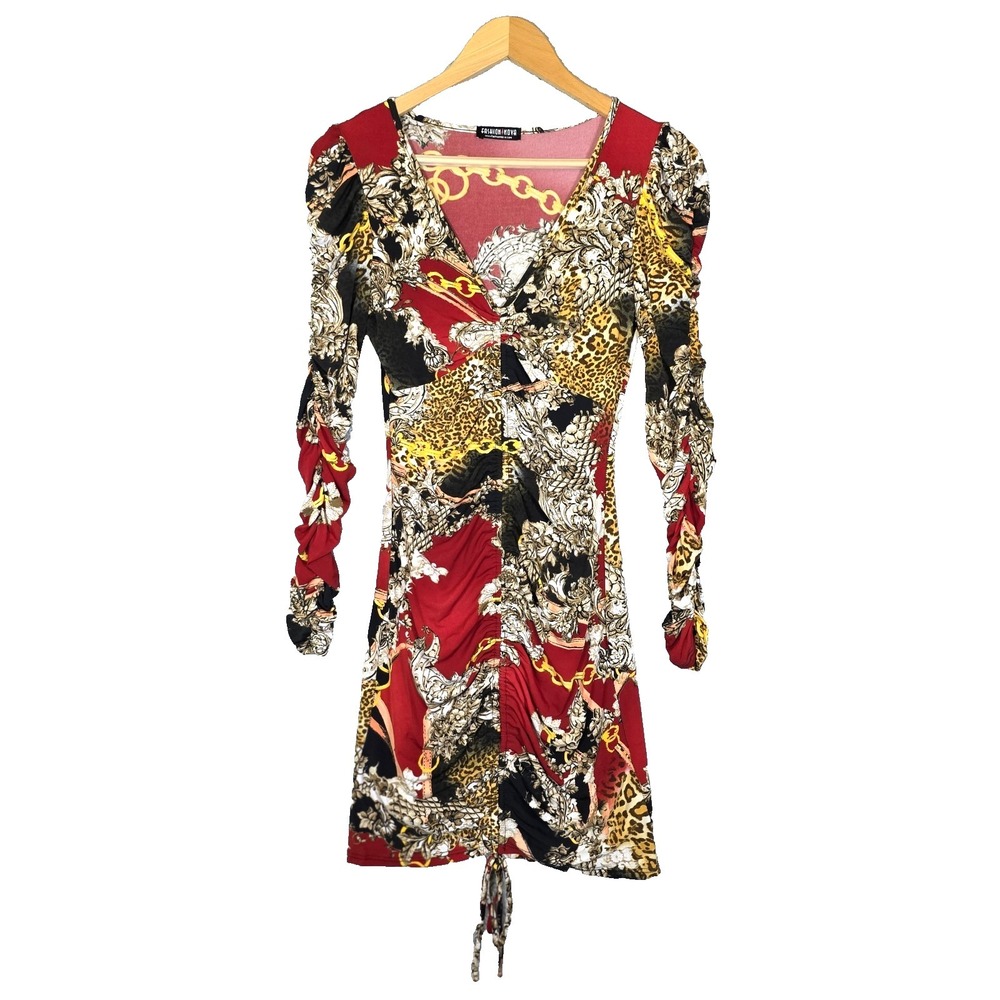 Mobwife Baroque Chain Leopard Print Ruched Bodycon Mini Dress Red Gold S M